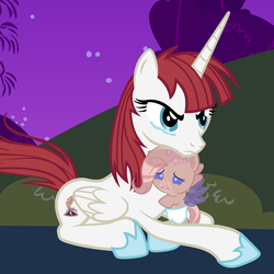 Size: 4800x4800 | Tagged: safe, artist:beavernator, oc, oc only, oc:fausticorn, oc:sahtori, absurd resolution, baby, crying, diaper, duo, foal, lauren faust, mama bear, protecting, tears of anger