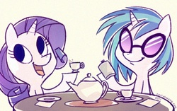 Size: 491x309 | Tagged: safe, dj pon-3, rarity, vinyl scratch, pony, unicorn, g4, cup, duo, female, mare, simple background, table, tea party, teacup, teapot, white background