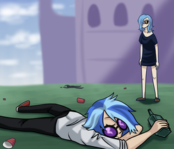 Size: 1280x1097 | Tagged: safe, artist:7nights, dj pon-3, princess luna, vinyl scratch, human, g4, drunk, humanized, passed out, s1 luna, sleeping