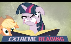 Size: 1680x1050 | Tagged: safe, applejack, twilight sparkle, g4, book, reading