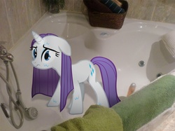 Size: 2715x2036 | Tagged: safe, artist:asideilogica, rarity, pony, g4, bath, bathtub, high res, irl, jacuzzi, photo, plant, ponies in real life, shower head, solo, towel, wet, wet mane, wet mane rarity