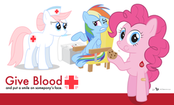 Size: 3480x2100 | Tagged: safe, artist:dm29, nurse redheart, pinkie pie, rainbow dash, earth pony, pegasus, pony, g4, blood donation, blood drive, cookie, donation, female, high res, needle, poster, trio, trypanophobia