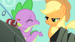 Size: 1084x610 | Tagged: safe, screencap, applejack, spike, a dog and pony show, g4, kissy face