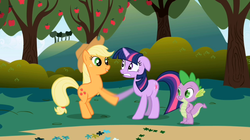 Size: 1023x571 | Tagged: safe, screencap, applejack, spike, twilight sparkle, dragon, earth pony, pony, unicorn, friendship is magic, g4, season 1, apple tree, female, hoofshake, male, mare, tree, unicorn twilight