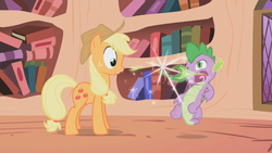 Size: 1280x720 | Tagged: safe, screencap, applejack, spike, earth pony, pony, g4, season 1, the ticket master, applejack's hat, book, bookshelf, cowboy hat, derp, fire, fire breath, golden oaks library, hat, sparkles