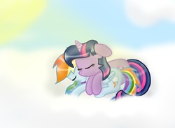 Size: 966x707 | Tagged: safe, artist:dallydog101, rainbow dash, twilight sparkle, pegasus, pony, unicorn, g4, cloud, cloudy, cuddling, cute, female, holding tails, hug, intertwined tails, lesbian, mare, ship:twidash, shipping, sleeping, snuggling