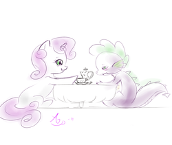 Size: 1280x1080 | Tagged: safe, artist:a6p, spike, sweetie belle, g4, female, male, ship:spikebelle, shipping, straight, tea party