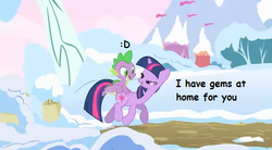 Size: 604x334 | Tagged: safe, edit, edited screencap, screencap, spike, twilight sparkle, dragon, pony, unicorn, g4, winter wrap up, caption, dragons riding ponies, female, male, mare, riding, spike riding twilight