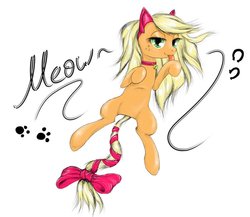 Size: 900x780 | Tagged: safe, artist:madhotaru, applejack, earth pony, pony, g4, behaving like a cat, bell, bell collar, cat ears, collar, costume, female, mare, pinup, solo, tongue out