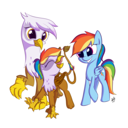 Size: 2000x2000 | Tagged: safe, artist:squiby-327, gilda, rainbow dash, oc, oc:rainbow feather, griffon, g4, family, female, high res, interspecies offspring, lesbian, magical lesbian spawn, mother and daughter, offspring, parent:gilda, parent:rainbow dash, parents:gildash, ship:gildash, shipping