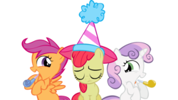 Size: 1600x900 | Tagged: safe, artist:totalcrazyness101, apple bloom, scootaloo, sweetie belle, g4, cutie mark crusaders, female, filly, foal, hat, party hat, party horn, sad, simple background, transparent background, vector