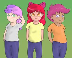 Size: 2310x1855 | Tagged: safe, artist:zekromlover, apple bloom, scootaloo, sweetie belle, human, g4, cutie mark crusaders, dark skin, humanized, looking at you, smiling