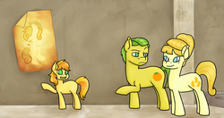 Size: 1629x860 | Tagged: safe, artist:burningash, aunt orange, braeburn, uncle orange, earth pony, pony, g4, colt, female, male, mare, ship:the oranges, stallion