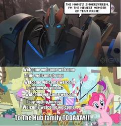 Size: 577x600 | Tagged: safe, pinkie pie, g4, ign, image macro, meme, roflbot, slapped on ponies, smokescreen, the hub, transformers, welcome
