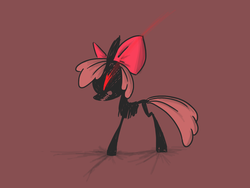 Size: 500x375 | Tagged: safe, artist:voids-edge, apple bloom, skeleton pony, undead, story of the blanks, g4, bad end, blanked apple bloom, bone, female, glowing eyes, protected apple bloom, red background, red eyes, simple background, skeleton, solo