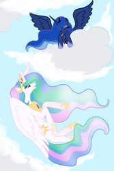 Size: 1000x1500 | Tagged: dead source, safe, artist:lilmandarin, princess celestia, princess luna, alicorn, pony, g4, cloud, cloudy, duo, duo female, eyes closed, female, flying, mare, royal sisters, siblings, sisters, tongue out