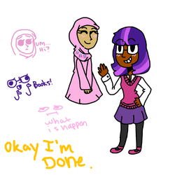 Size: 650x650 | Tagged: safe, artist:janebutts, fluttershy, twilight sparkle, human, g4, clothes, dark skin, glasses, hijab, humanized, islam, islamashy, skirt