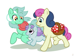 Size: 1314x1000 | Tagged: safe, artist:raygirl, bon bon, liza doolots, lyra heartstrings, petunia, sweetie drops, tootsie flute, earth pony, pony, unicorn, g4, basket, female, filly, foal, frisbee, lyrabontoots family, magical lesbian spawn, mare, mouth hold, offspring, picnic basket, running, simple background, transparent background