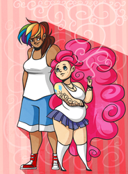 Size: 588x800 | Tagged: safe, pinkie pie, rainbow dash, human, g4, breasts, busty rainbow dash, chubby, cigarette, female, height difference, humanized, tattoo