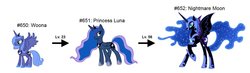 Size: 1024x297 | Tagged: safe, nightmare moon, princess luna, pony, g4, evolution chart, filly, pokémon, ponymon, woona