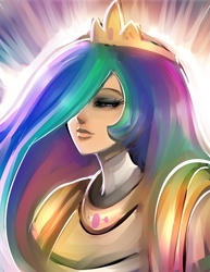Size: 1095x1415 | Tagged: safe, artist:maniacpaint, princess celestia, human, g4, armor, bedroom eyes, bust, eyeshadow, female, hair over one eye, humanized, looking at you, makeup, portrait, smiling, solo
