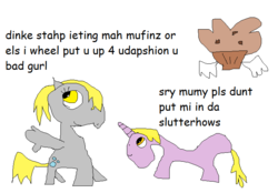 Size: 726x504 | Tagged: safe, derpy hooves, dinky hooves, g4, comic sans, dialogue, ms paint, muffin, stylistic suck, text