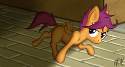 Size: 1768x954 | Tagged: dead source, safe, artist:mostlyponyart, scootaloo, pony, g4, female, filly, signature, solo, spread wings, wings