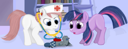 Size: 1037x400 | Tagged: safe, artist:simeonleonard, nurse redheart, smarty pants, twilight sparkle, g4, blank flank, filly