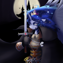 Size: 1280x1280 | Tagged: safe, artist:balooga, princess luna, anthro, g4, alucard, castlevania, castlevania: symphony of the night, crossover, crown, ethereal mane, female, galaxy mane, solo, sword, weapon