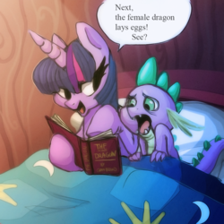 Size: 1000x1000 | Tagged: safe, artist:adailey, spike, twilight sparkle, dragon, pony, unicorn, g4, bed, book, sex education, the birds and the bees, the talk, unicorn twilight