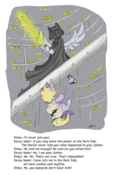 Size: 700x1082 | Tagged: safe, artist:caycowa, derpy hooves, dinky hooves, pegasus, pony, unicorn, g4, amputation, blank flank, crossover, darth vader, energy weapon, female, filly, foal, hooves, horn, lightsaber, luke skywalker, mare, missing limb, parody, spread wings, star wars, weapon, wings