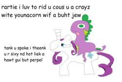 Size: 1368x920 | Tagged: safe, rarity, spike, g4, comic sans, dialogue, female, male, ms paint, poe's law, riding, ship:sparity, shipping, straight, stylistic suck, text, tongue out