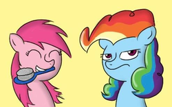 Size: 493x307 | Tagged: safe, artist:theoreticalquestion, pinkie pie, rainbow dash, g4, alternate hairstyle, brush, mouth hold, simple background