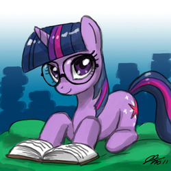 Size: 900x900 | Tagged: safe, artist:johnjoseco, twilight sparkle, pony, unicorn, g4, book, female, glasses, looking at you, lying down, mare, prone, reading, reading glasses, solo, unicorn twilight