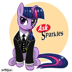 Size: 900x900 | Tagged: safe, artist:johnjoseco, twilight sparkle, pony, unicorn, ask jeeves, g4, butler, clothes, female, gentlepony's personal gentlepony, jeeves, mare, necktie, parody, servant, sitting, smiling, solo, suit, valet