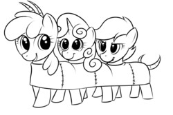 Size: 1280x853 | Tagged: safe, artist:kloudmutt, apple bloom, scootaloo, sweetie belle, earth pony, pony, unicorn, g4, crossover, cutie mark crusaders, female, filly, monochrome, pony centipede, the human centipede