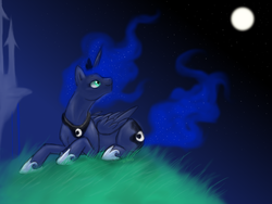 Size: 2048x1536 | Tagged: dead source, safe, artist:themiles, princess luna, alicorn, pony, g4, female, looking back, moon, night, prone, solo