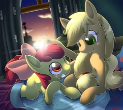 Size: 863x777 | Tagged: safe, artist:oze, apple bloom, applejack, earth pony, pony, g4, apple sisters, bed, female, filly, lens flare, mare, siblings, sisters, smiling, window
