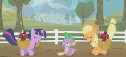 Size: 450x206 | Tagged: safe, screencap, applejack, spike, twilight sparkle, dragon, earth pony, pony, unicorn, g4, season 1, the ticket master, animated, apple, applejack's hat, basket, cowboy hat, cute, excited, eyes closed, female, frown, happy, hat, jackabetes, jumping, male, mare, open mouth, pronking, scroll, silly, silly pony, smiling, spike is not amused, twiabetes, unamused, unicorn twilight, who's a silly pony