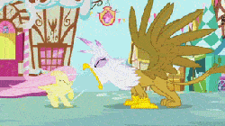Size: 320x180 | Tagged: safe, screencap, fluttershy, gilda, griffon, pegasus, pony, g4, griffon the brush off, season 1, angry, animated, female, flutterbuse, loop, roar, spread wings, wings