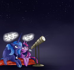 Size: 968x917 | Tagged: artist needed, safe, princess luna, twilight sparkle, alicorn, pony, unicorn, g4, blushing, female, lesbian, s1 luna, ship:twiluna, shipping, stars, telescope, unicorn twilight