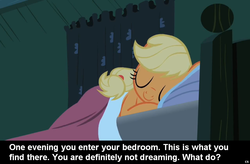 Size: 1024x672 | Tagged: safe, applejack, earth pony, pony, g4, bed, bedroom, caption, cs captions, female, mare, sleeping, solo