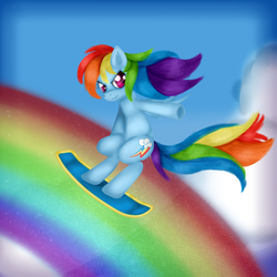 Size: 2000x2000 | Tagged: safe, artist:kirajoleen, rainbow dash, pony, g4, female, high res, rainbow, solo, surfing