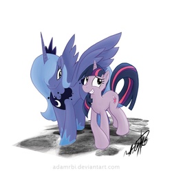 Size: 756x756 | Tagged: dead source, safe, artist:adamrbi, princess luna, twilight sparkle, alicorn, pony, unicorn, g4, female, mare, s1 luna, unicorn twilight, walking