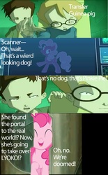 Size: 1594x2573 | Tagged: safe, edit, pinkie pie, earth pony, human, pony, g4, code lyoko, comic, crossover, eyes closed, female, glasses, jeremy belpois, male, mare, mash up, misspelling, open mouth, scanner, screencap from another series, ulrich stern