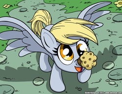 Size: 825x638 | Tagged: safe, artist:latecustomer, derpy hooves, pegasus, pony, g4, balancing, cute, female, food, happy, mare, muffin, ponies balancing stuff on their nose, that pony sure does love muffins