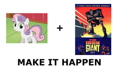 Size: 1337x796 | Tagged: safe, sweetie belle, android, human, pony, robot, robot pony, unicorn, friendship is witchcraft, g4, all caps, exploitable meme, female, filly, foal, hooves, horn, make it happen, meme, meta, sweetie bot, text, the iron giant