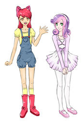 Size: 900x1292 | Tagged: safe, artist:lucyhikarikitsune, apple bloom, sweetie belle, human, g4, duo, duo female, female, humanized, skinny, thin