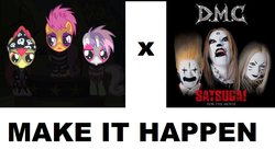 Size: 1017x556 | Tagged: safe, apple bloom, scootaloo, sweetie belle, g4, all caps, crossover, detroit metal city, exploitable meme, make it happen, meme, meta