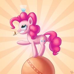 Size: 2000x2000 | Tagged: dead source, safe, artist:polkin, pinkie pie, g4, balance, balancing, ball, egg, female, high res, mouth hold, solo, spoon